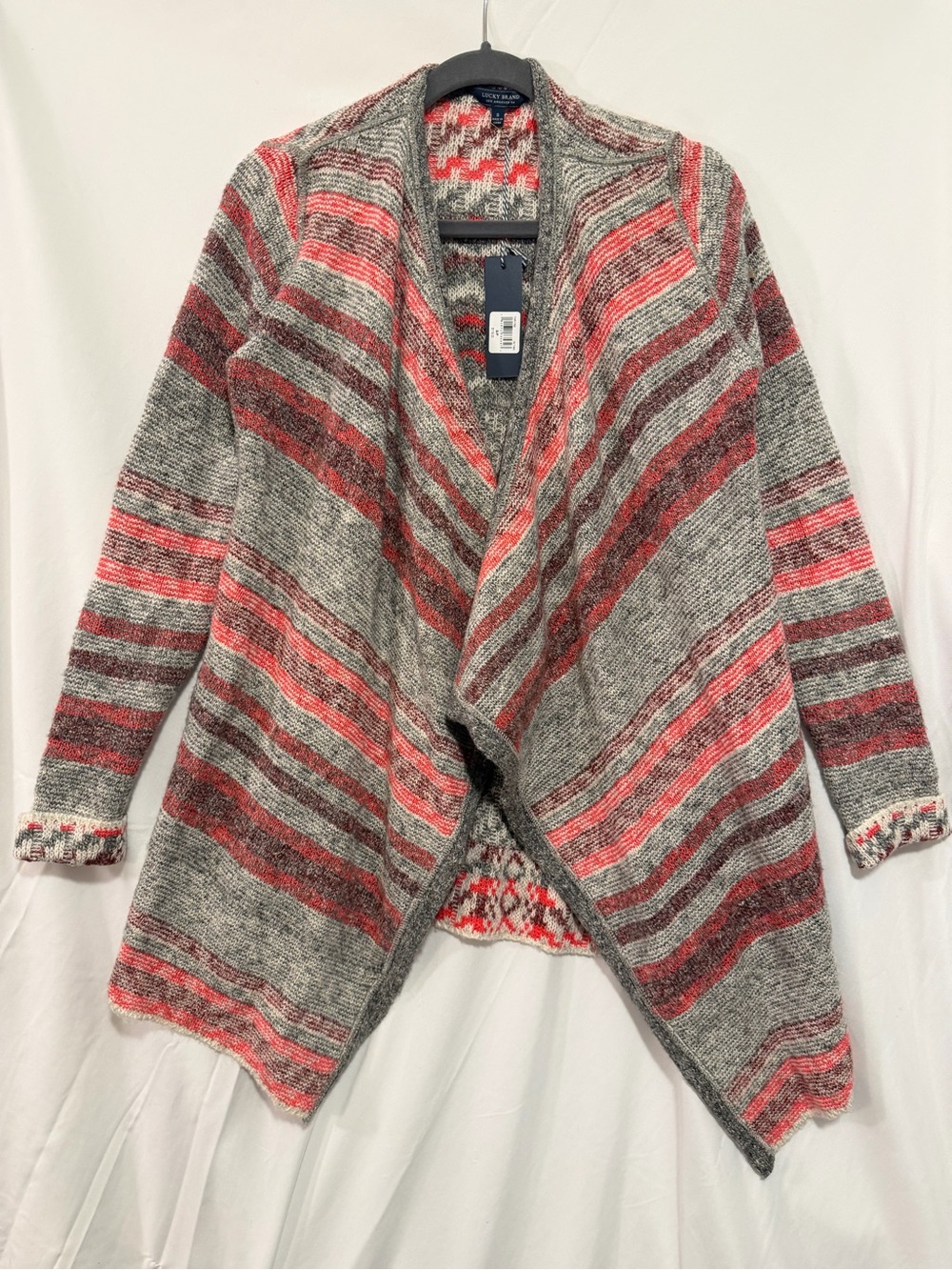 Lucky Brand Fair Isle Open Front Cardigan Gray Red Size Small New With Tags